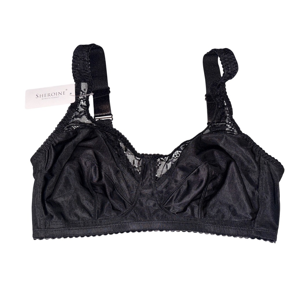 NEW Sheroine Womens Black Wirefree Unlined Bra Lace Trim Support, Size  42DD